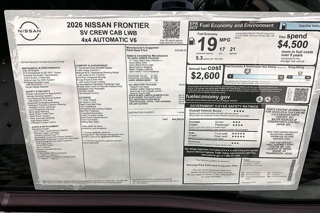 2026 Nissan Frontier SV 4WD - Dark Armor, All Weather, Tow Pkgs