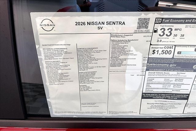 2026 Nissan Sentra SV - Convenience and Moonroof Packages