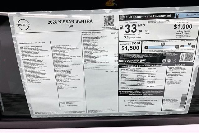 2026 Nissan Sentra SV - Convenience and Moonroof Packages
