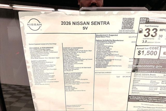 2026 Nissan Sentra SV - Convenience and Moonroof Packages