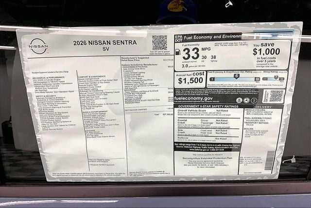 2026 Nissan Sentra SV - Convenience and Moonroof Packages