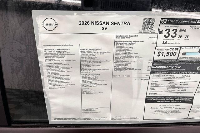 2026 Nissan Sentra SV - Convenience and Moonroof Packages