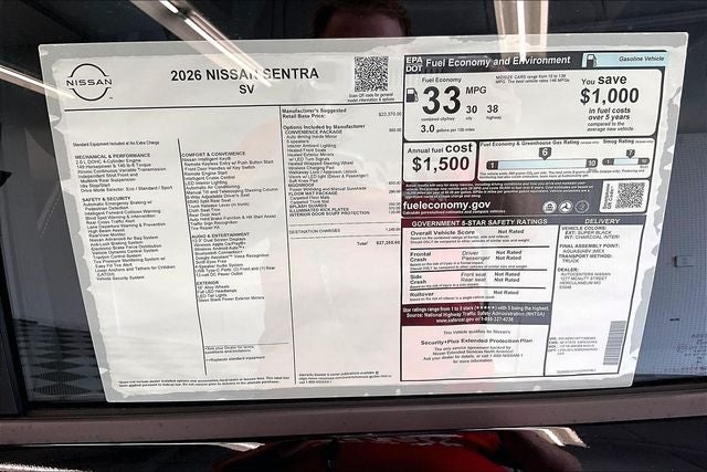 2026 Nissan Sentra SV - Convenience and Moonroof Packages