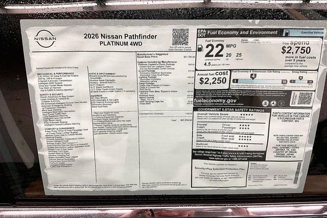2026 Nissan Pathfinder Platinum 4WD - Captain Chairs, Accent, Lighting, Cargo Pkgs